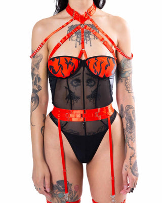 Bear Metal Mesh Bodysuit with Straps - Black/Red SWIMWEAR