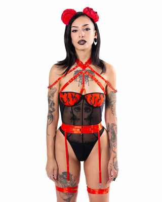 Bear Metal Mesh Bodysuit with Straps - Black/Red SWIMWEAR