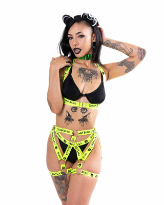 Oishi Kawaii Tech Thong Bottoms with Straps - Black/Neon Green Bottom